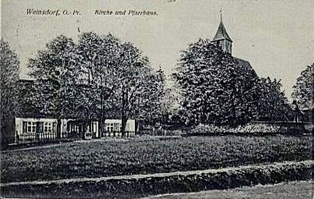 Weinsdorf, Gasthaus und Postagentur A. Pukall, Kirche, Genossenschaftsmolkerei 1910 - 1920 r.